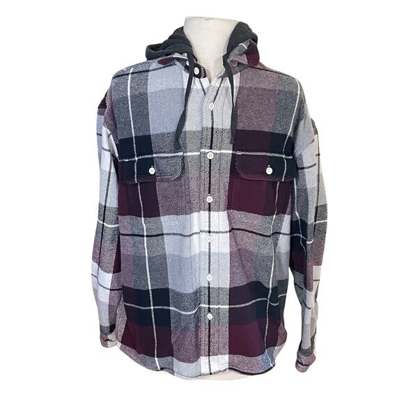 AE American Eagle Men’s Sz Medium Plaid Flannel Shirt Jacket With Removable Hood - Picture 1 of 13